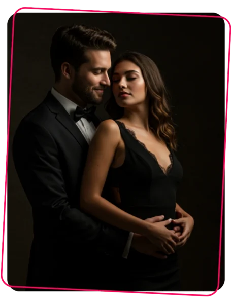 Imagem de fundo escura e sofisticada. Um homem e uma mulher elegantes aparecem em um momento íntimo e silencioso. O homem está levemente atrás da mulher, envolvendo-a com os braços, enquanto ela fecha os olhos com expressão serena e confiante. Ambos vestem roupas pretas formais, transmitindo conexão emocional, segurança e atração mútua. A composição destaca proximidade, desejo e presença feminina.