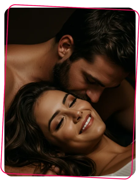 Imagem em tons quentes e escuros mostrando um casal em momento íntimo. A mulher está deitada, sorrindo com os olhos fechados, demonstrando prazer e conforto. O homem se inclina sobre ela de forma carinhosa, próximo ao seu rosto. A cena transmite conexão emocional, segurança, entrega e intimidade respeitosa.