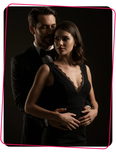 Imagem em fundo escuro mostrando um casal elegante. A mulher veste um vestido preto e está à frente, com postura firme e olhar confiante voltado para o lado. O homem, de terno preto, está atrás dela com os braços ao redor de sua cintura. A expressão da mulher transmite segurança, controle emocional e presença marcante. A composição sugere atração com liderança feminina e escolha consciente.